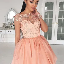 Коралловые платья для выпускного вечера с длинными рукавами и кружевной аппликацией с блестками, короткое коктейльное платье, вечерние платья для выпускного вечера