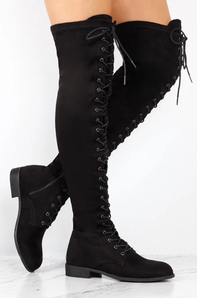 

Sexy Lace Up Over Knee Boots Women Boots Flats Shoes Woman Square Heel Rubber Flock Boots Botas Winter Thigh High Boots 34-43