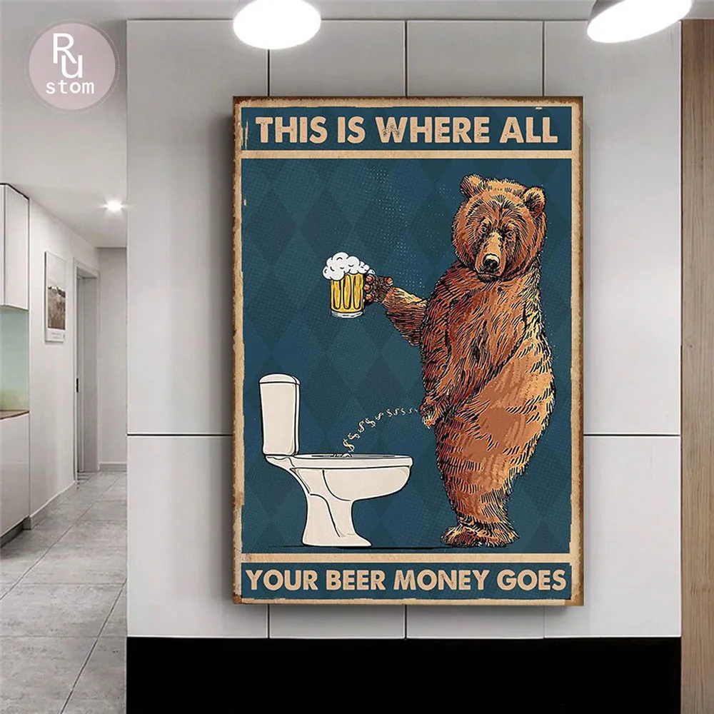 Canvas Painting Grumpy Bear Drinking Beer To The Bathroom Posters Abstract Wall Art Pictures For Bathroom Toilet Home Decoration