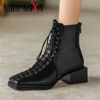 

MILI-MIYA New Arrival Thick Heel Women Cow Leather Ankle Boots Lace Up Zipper Square Toe Spring Early Winter Shoes For Ladies