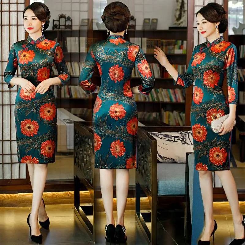 Элегантное китайское женское свадебное платье Cheongsam большого размера 3xl 4xl, сексуальное тонкое женское темно-синее платье Qipao с цветочным принтом Vestidos - Цвет: green 2