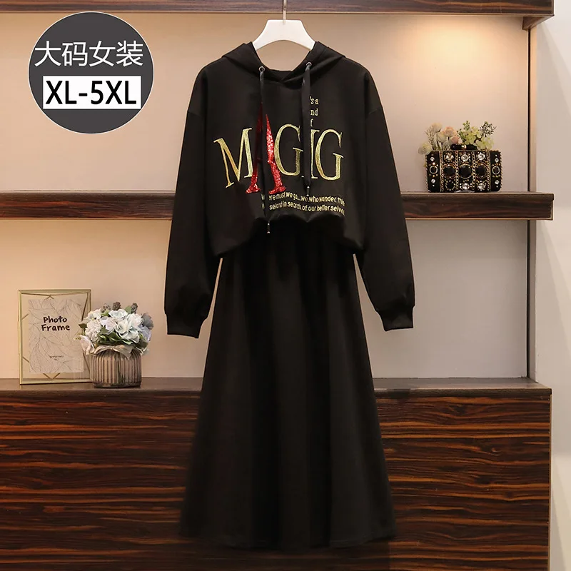 

2019 Autumn And Winter New Style Korean-style Large Size Dress Fat Mm Plus-sized Modern And Trendy/women Lettered Hooded Sweater