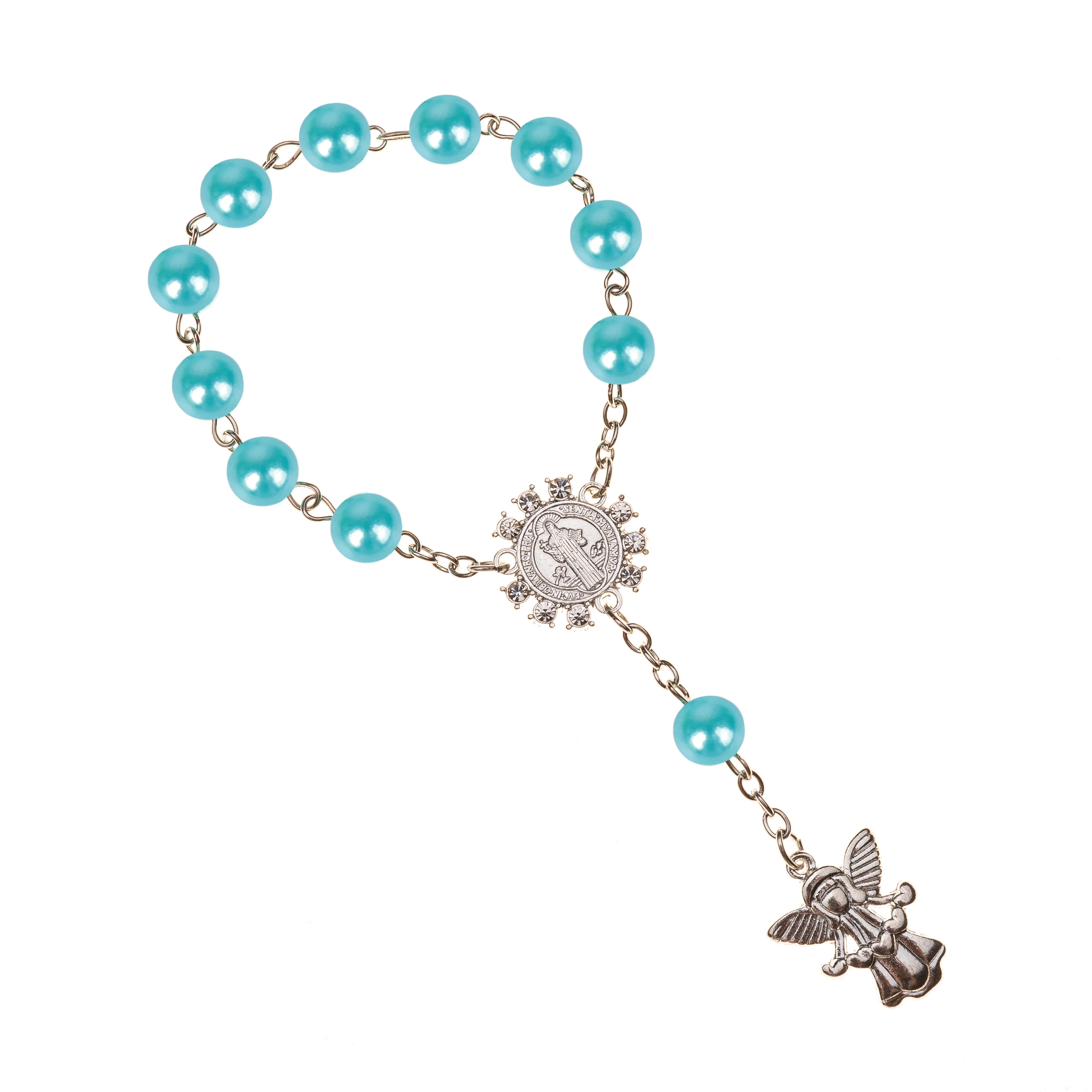 Pearl bracelet 10pcs, imitation pearl beads, Catholic rosary with angel wings pendants