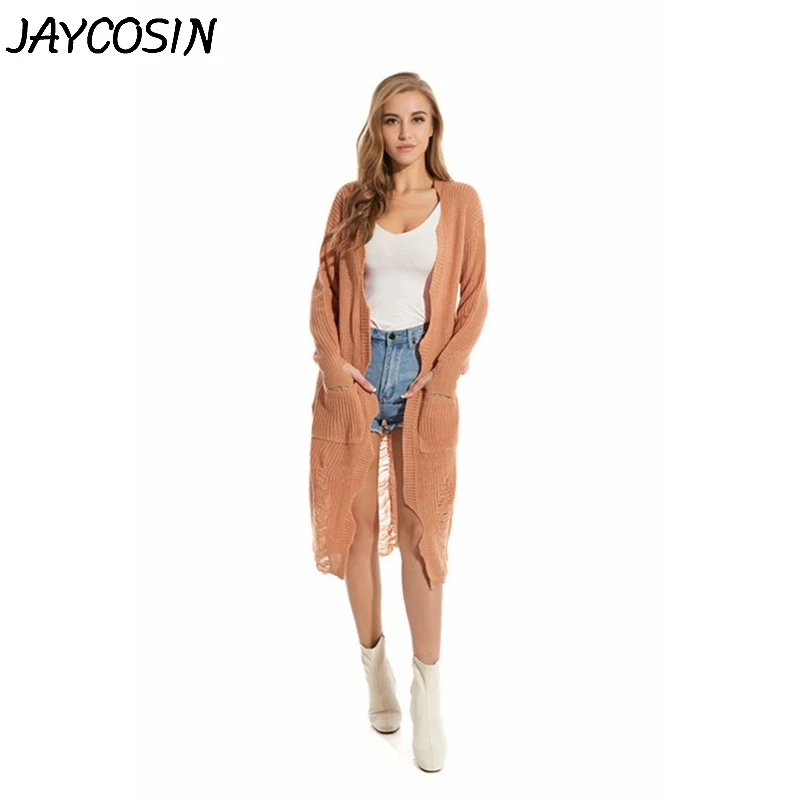 JAYCOSIN, женские свитера, однотонный, с дырками, вязанный, с длинным рукавом, кардиган, свитер, топы, Осень-зима, длинный свитер, открытая стежка, пальто