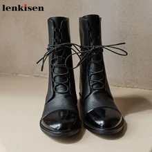 Lenkisen/модные зимние классические однотонные удобные ботильоны из натуральной кожи на низком каблуке с круглым носком на шнуровке в британском стиле; L22