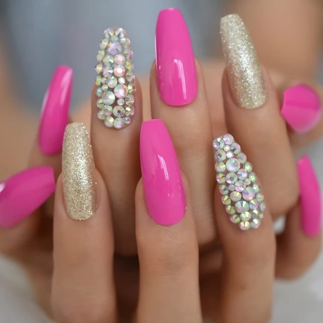 Long 3d Bling Glitter Pink Nude French Ballerina Coffin False Fake Nails Gradient Natrual Press On Party Finger Wear Uv Nails False Nails Aliexpress
