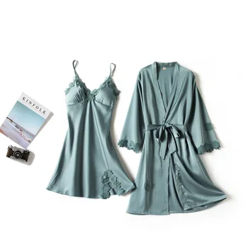 

Sexy Ice Silk Female Robe Set Summer Nightdress With Chest Pad Cardigan Two-piece Set Pyjamas