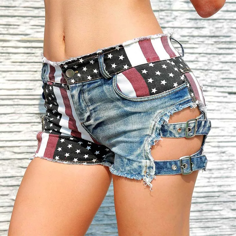 

New Women Denim Shorts High Waist Sexy Mini Super Shorts USA Flag Print Booty Hole Destroyed Jeans Super Ripped Shorts Feminino