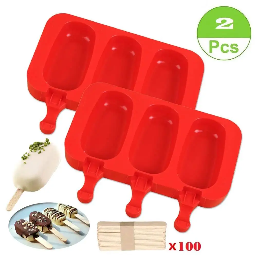 

2 Pack Silicone EASY Cream Mini Ice Cream Bar Mold Set 3 cavities Silicone Cute Ice POP Mold Oval Ice Cream with Cover baby DIY