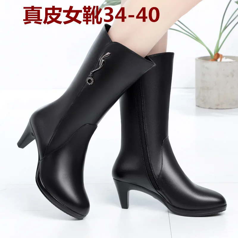 

19 Autumn And Winter New Style Genuine Leather Female Padded High-Heel Waterproof Platform Antarctic Velvet in Trend Middle Boot