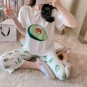 

Women Pineapple Avocado Fruit Loose Short Sleeve T-shirt Top Pants Pajama Set Lovely Loose Fit Pajama Set for Daily Wear Lounge