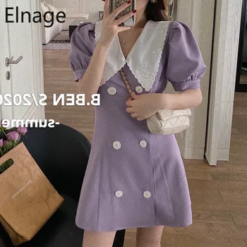 

Elnage Korean Fashion Women Clothes Short Sleeve Dress Female A Line Vestidos Purple Slim Fit Solid Summer Robe Femme 5A584