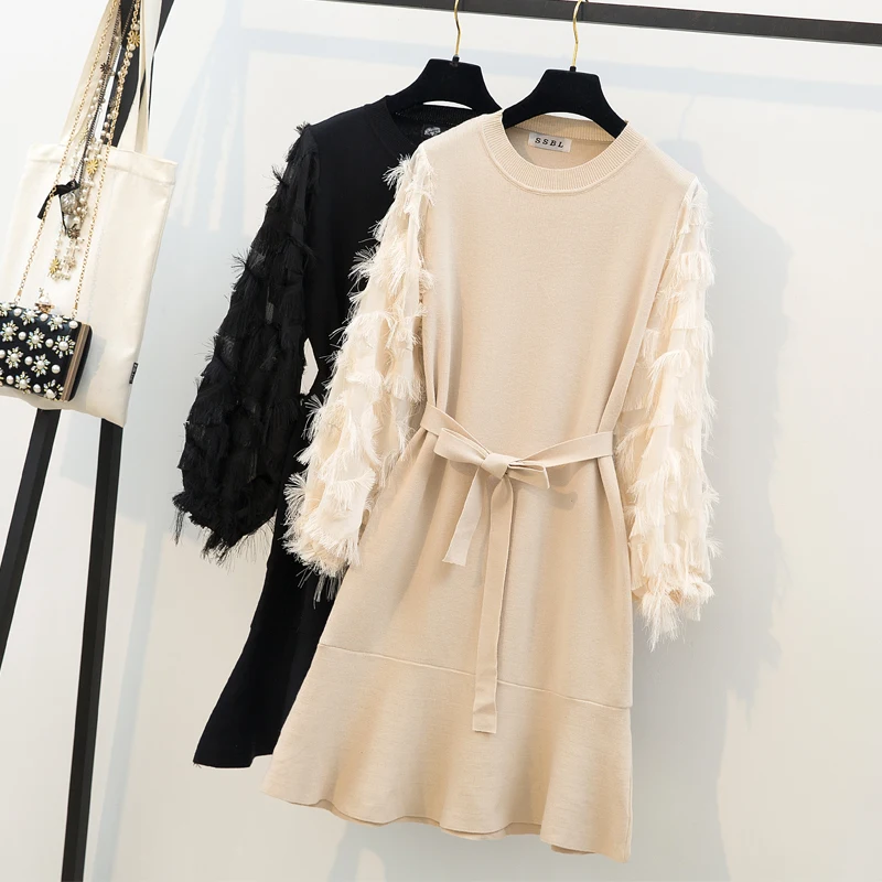 

Long Fishtail Skirt Bubble Sleeve Suit Band In Fat Mm Dress For New Large Size Women In Spring