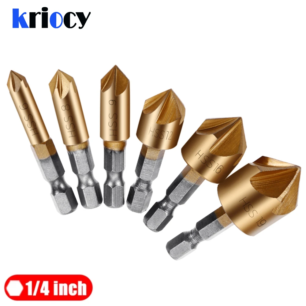 6pcs Countersink Drill Bit Set 1/4'' Hex Shank Hss 5 Flute Countersink