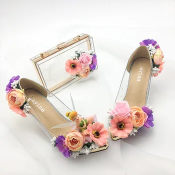 

Ladies Luxury High Heels Elegant Party Shoes Bag Set Shiny Rhinestone Sandals Brand High Heel Sweet Flower Wedding Shoes 34-40