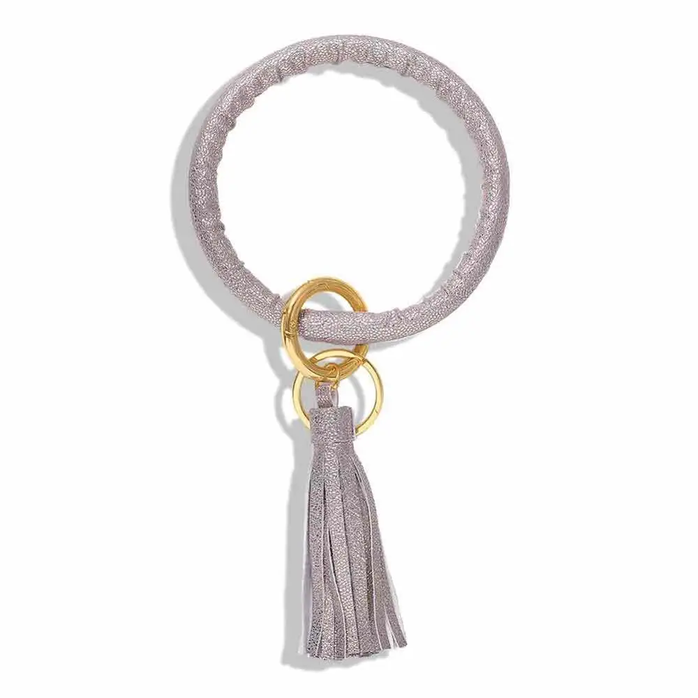 Dvacaman New Fashion Multi-Color Tassel Keychain Enamel PU Leather O Key Chain Monogram Circle Wristlet Keychain For Women Girls - Цвет: 9