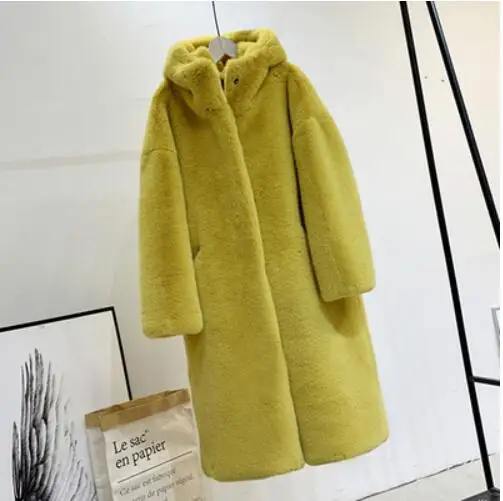 Ginger yellow Пальто с мехом Женская средней длины утолщенный зимний имитация воды бархатное платье с мехом Большие размеры Свободная куртка с капюшоном пальто Parker для женщин - Цвет: Ginger yellow