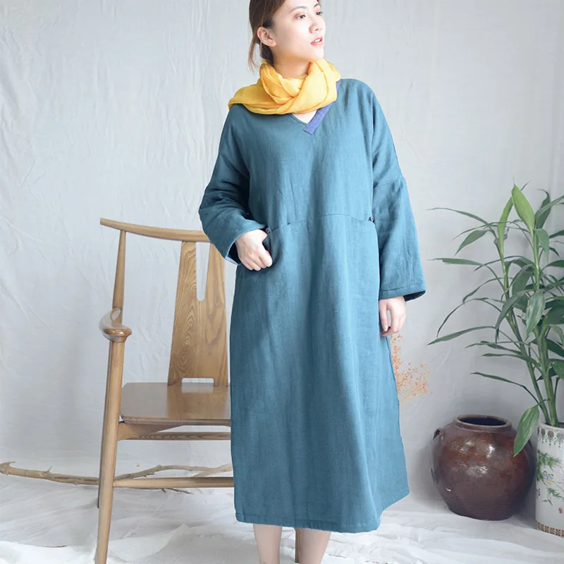 Blue SCUWLINEN/ Женское зимнее платье, однотонное, с v-образным вырезом, в стиле пэчворк, в стиле ретро, плотное, теплое, свободное, с хлопковой подкладкой, длинное платье дзен, S1004 - Цвет: Blue