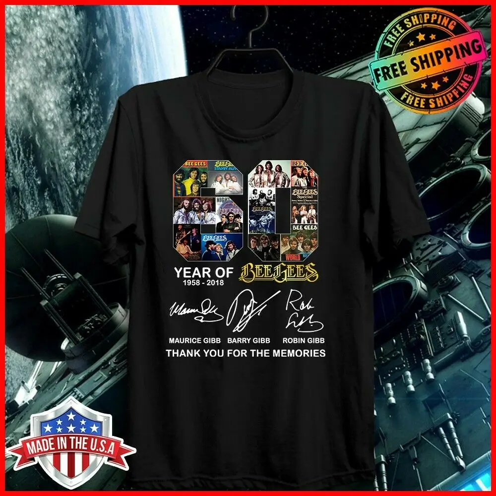 

Freeship 60 Years Of Bee Gees T-Shirt Harajuku Streetwear Shirt Mence Signature Thank You Black S-6Xl