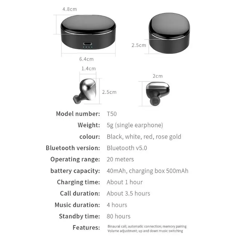 VODOOL T50 TWS Mini Bluetooth наушники стерео HiFi Touch Bluetooth 5,0 беспроводная гарнитура для занятий спортом шумоподавление наушники с микрофоном