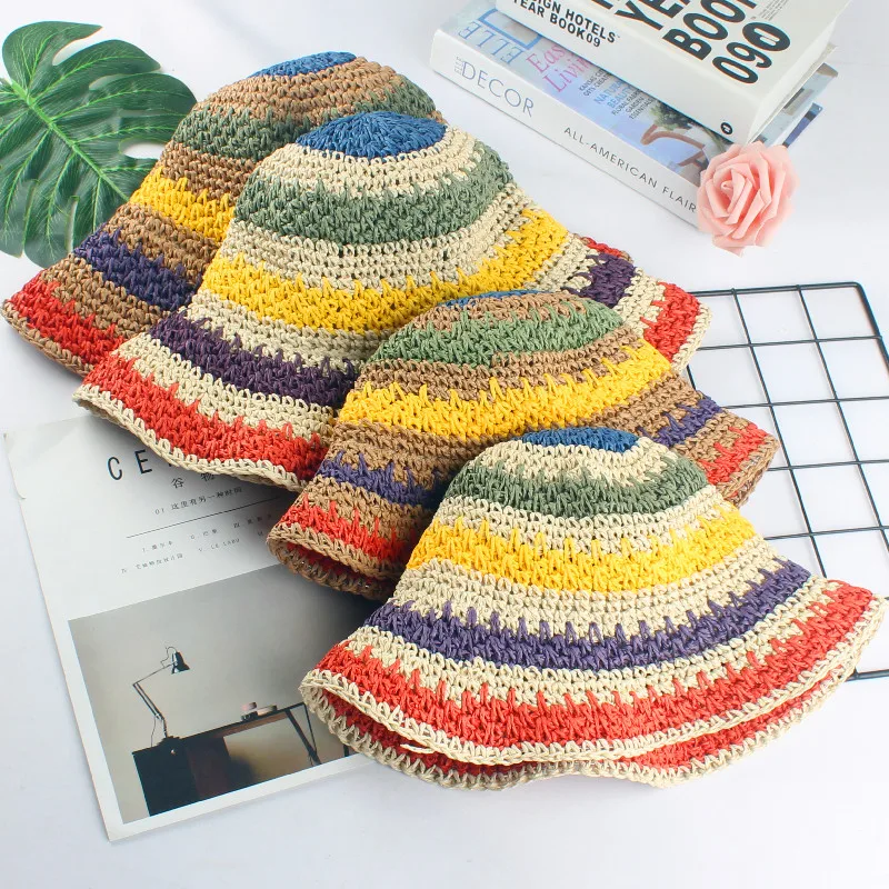 2020 cappello estivo da donna cappello in paglia fatto arcobaleno uncinetto  pieghevole genitore-figlio cappello Panama bambini donna spiaggia visiera  parasole - AliExpress Apparel Accessories