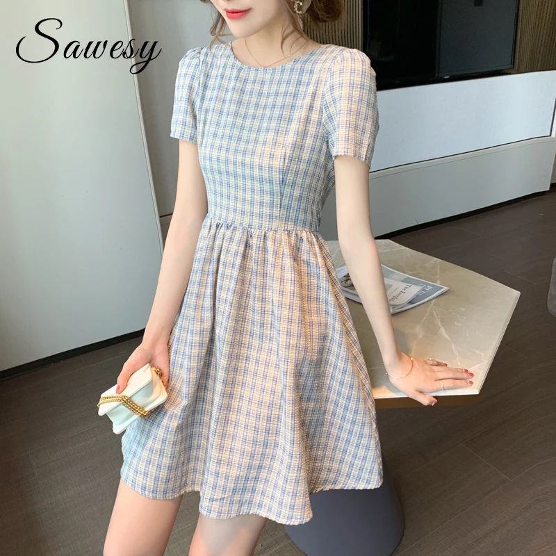 Korean Elegant Cute Casual Short Dresses Women Summer Short Sleeve Plaid  Swing Dress Blue|Dresses| - AliExpress