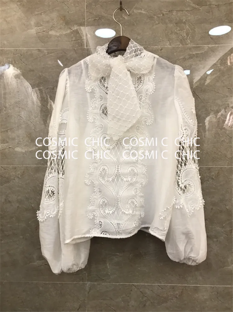 Cosmicchic, подиумная Праздничная юбка, комплект, элегантный фонарь, длинный рукав, открытая кружевная вышивка, блузка, нестандартные оборки, мини-юбка