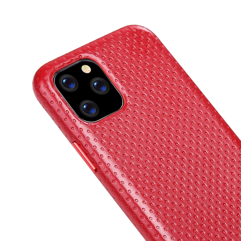 

2019 For iPhone 11 Pro Max 5.8 6.1 6.5 Real Natural Genuine Leather Phone Case Cowhide Back Cover Cross Grid Mesh Metal Button