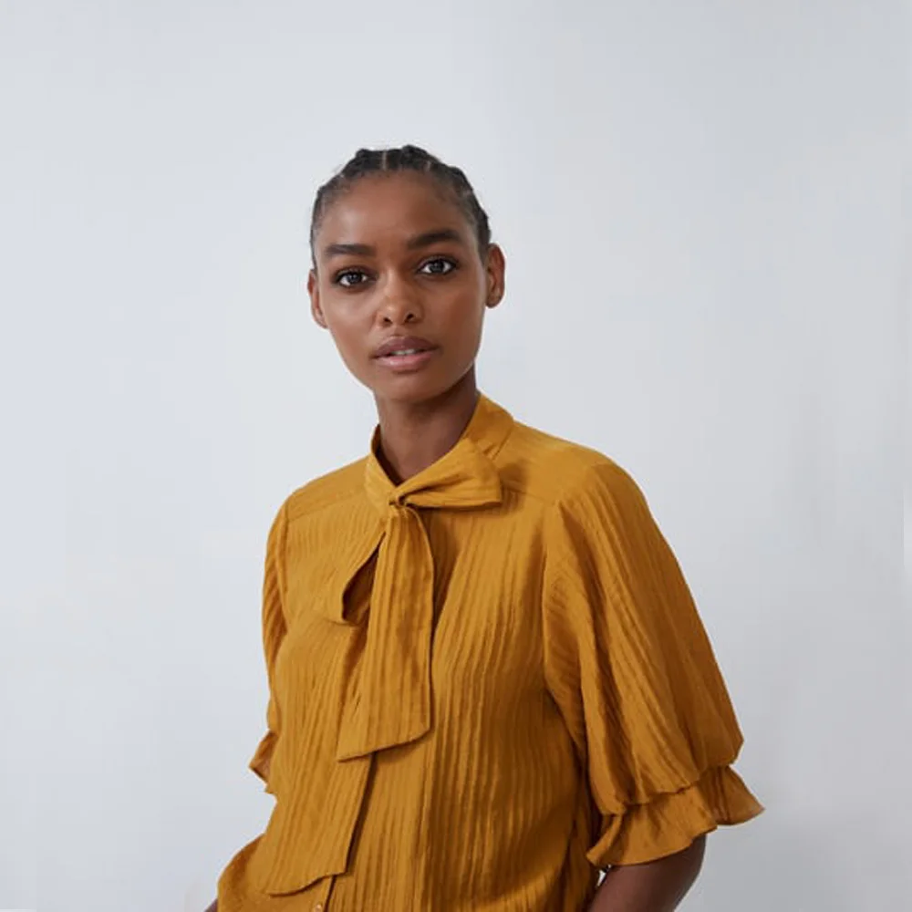 ZA Осенняя желтая рубашка с бантом Boho модная женская одежда Повседневная рубашка с коротким рукавом для отдыха путешествия