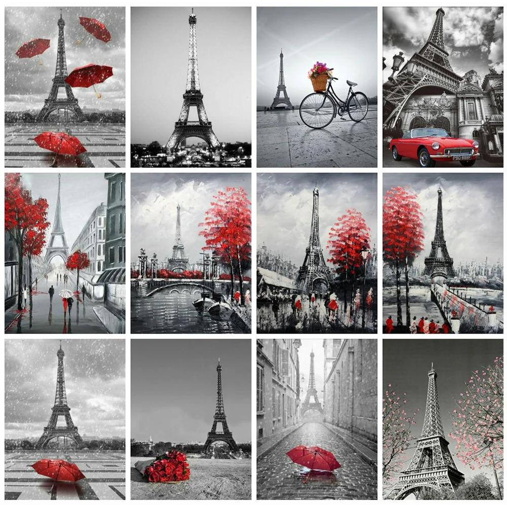 Huacan Full Drill Square Diamond Painting Eiffel Tower Scenery Mosaic Black Red Landscape Home Decor Art | Дом и сад
