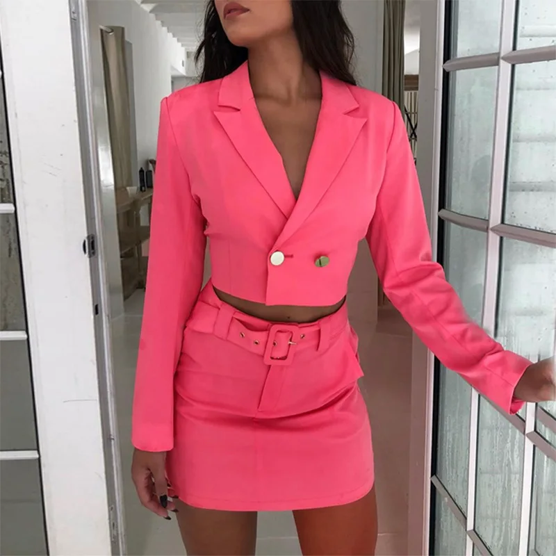 2019 осенний Новый женский костюм куртка мини юбка с поясом розовый длинный рукав