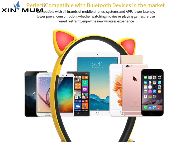 LED Glowing Cartoon Girl Headband Cat Ear Bluetooth Headphones Stereo True Wireless Headset with Microphone for Iphone Phones