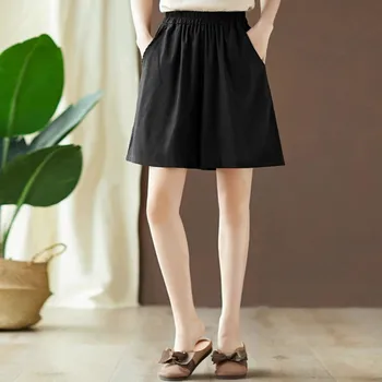 

Women Summer Casual Wide Leg Pants Female High Elastic Waist Fashion Solid Color Thin Section Five Points Trousers 2019 New