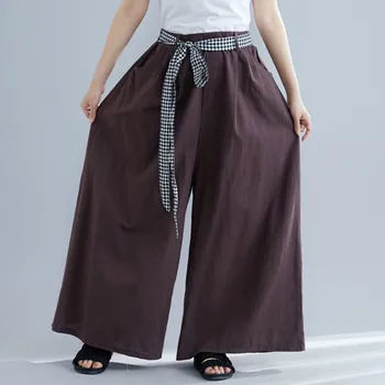 

Fashion 2019 New Summer Plus Size Wide Leg Pants Elastic Waist Tie Loose Casual Solid Color Linen Women Full-Length Pants