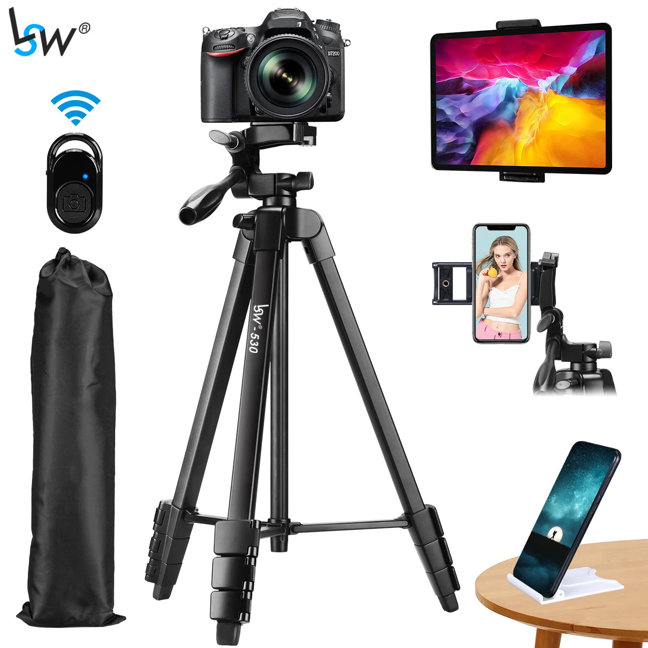 Trípode de aluminio para cámara y tableta, soporte de montaje con control remoto, 60 pulgadas/150cm, para teléfono/iPad/ DSLR