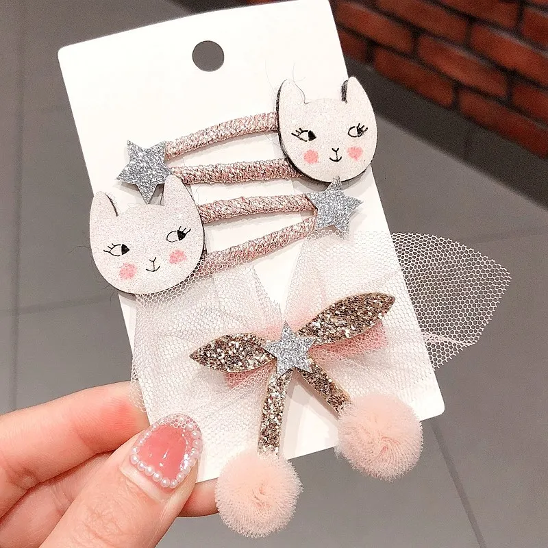 

3Pcs/set Cute Cartoon Cat Hair Clips Baby Girls Princess Headdress Kids BB Clip Children Hair Accessories Bling Barrettes