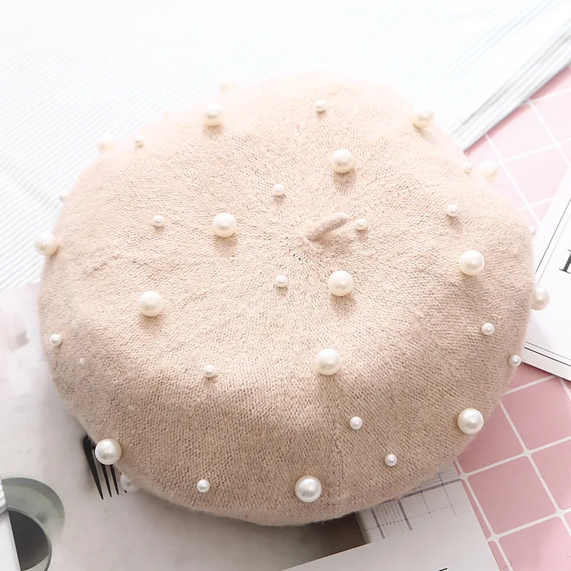 

Embellished Faux Pearl French Wool Beret Fall Winter Solid Color Warm Painter Cap Basque Beret Hat Pearl Beret TY3DT-38DH