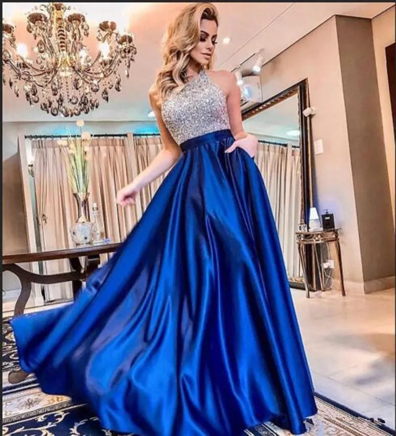 Royal Blue Prom Dresses Long 2020 Sparkly Sequined Top One Shoulder Satin A-Line Floor Length Graduation Dress Evening Wear | Свадьбы и