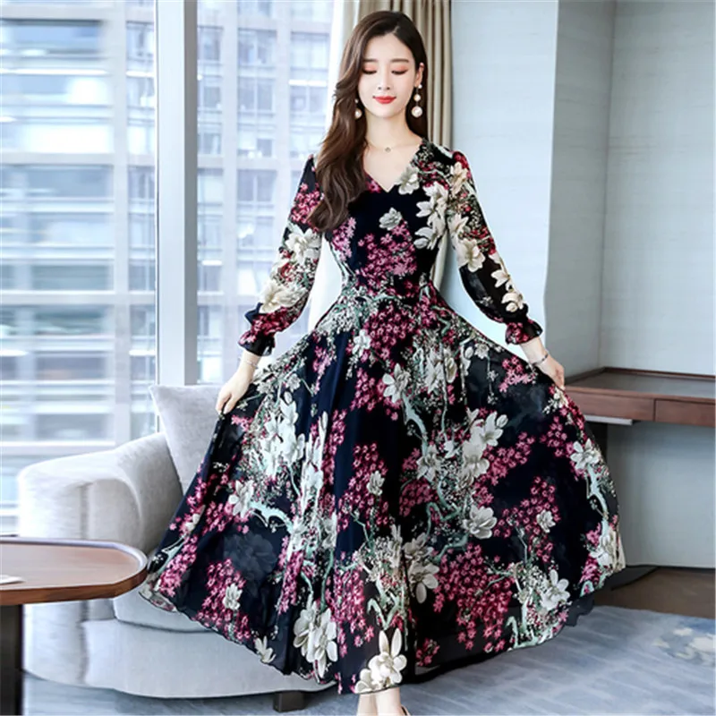 

2019 Plus Size M-3XL Autumn New Arrival High Quality Elegant Flower Printed V Collar Long Sleeve Woman Chiffon Long Dress