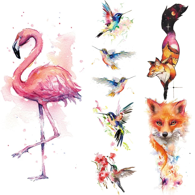 Faux tatouages temporaires pour femmes, flamand rose, renard, colibri, aquarelle, fleur réaliste, main d'oiseau, dessin animé 1