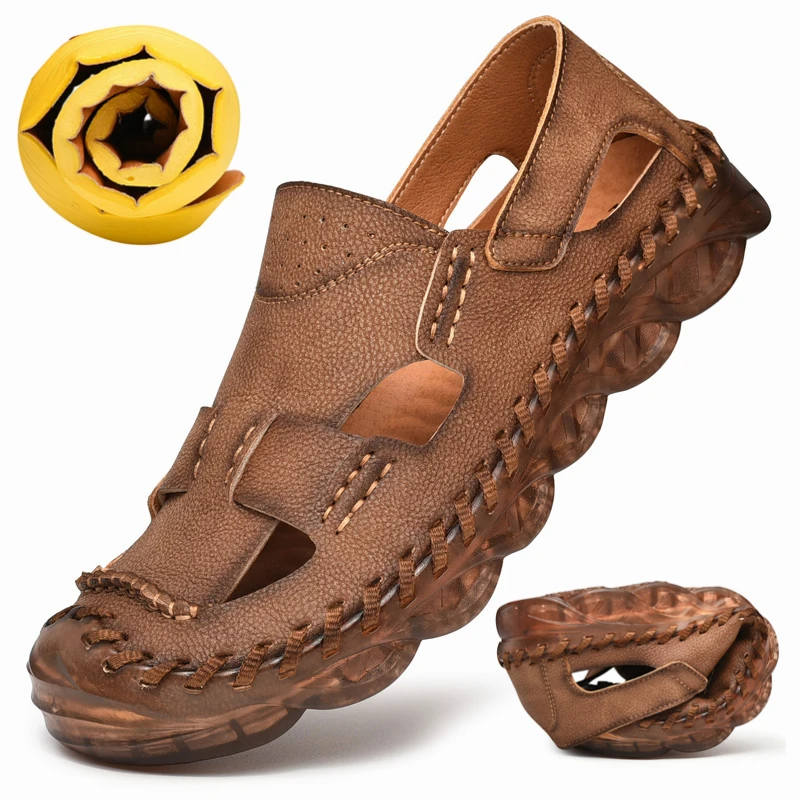 Summer Cow Leather Men's Shoes Sandals Handmade Classic Men Walking Beach Casual Outdoor Soft Mens Loafers Size 38-46 | Обувь