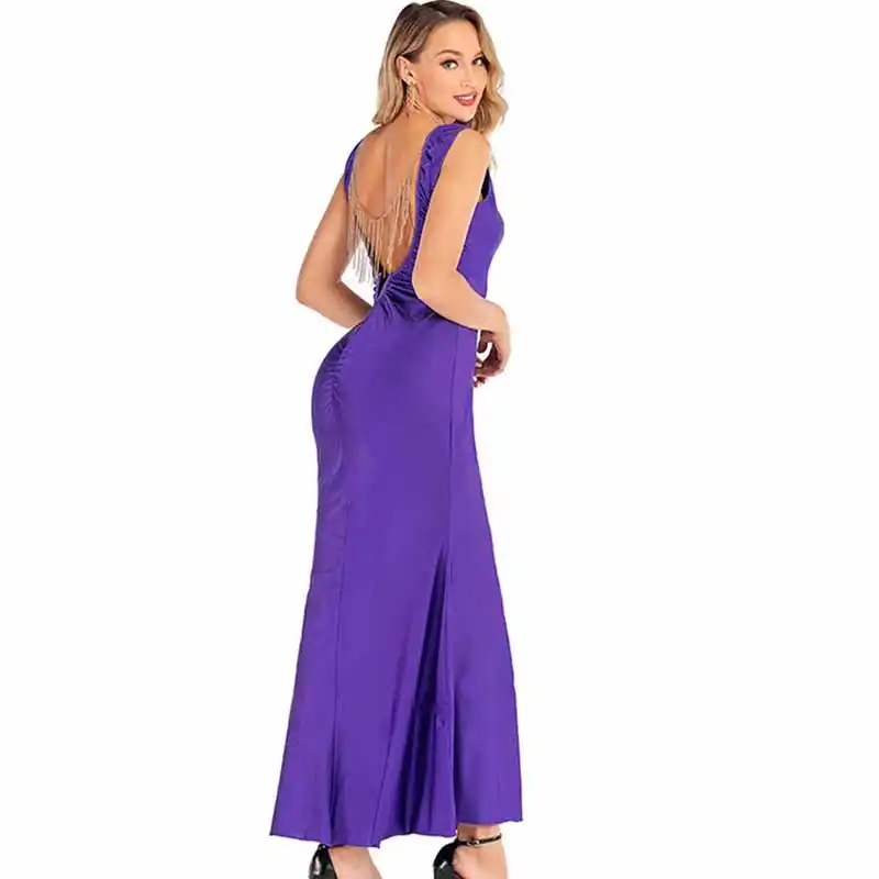 sexy backless tassel purple maxi dress