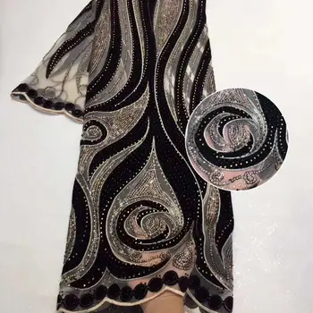 

African Handmade Lace Fabric 2020 High Quality Velvet Sequins Lace French Tulle Lace Fabric with Stone for Nigerian Wedding