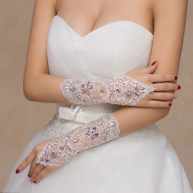 BLANC - Gants Blancs Courts en Dentelle et Strass pour Femme