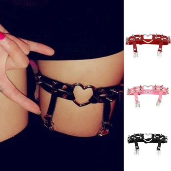 

Women Sexy Elastic Leather Leg Ring Garter Belt Punk Heart Rivet Thigh Ring Punk Goth Leather Harness Adjustable