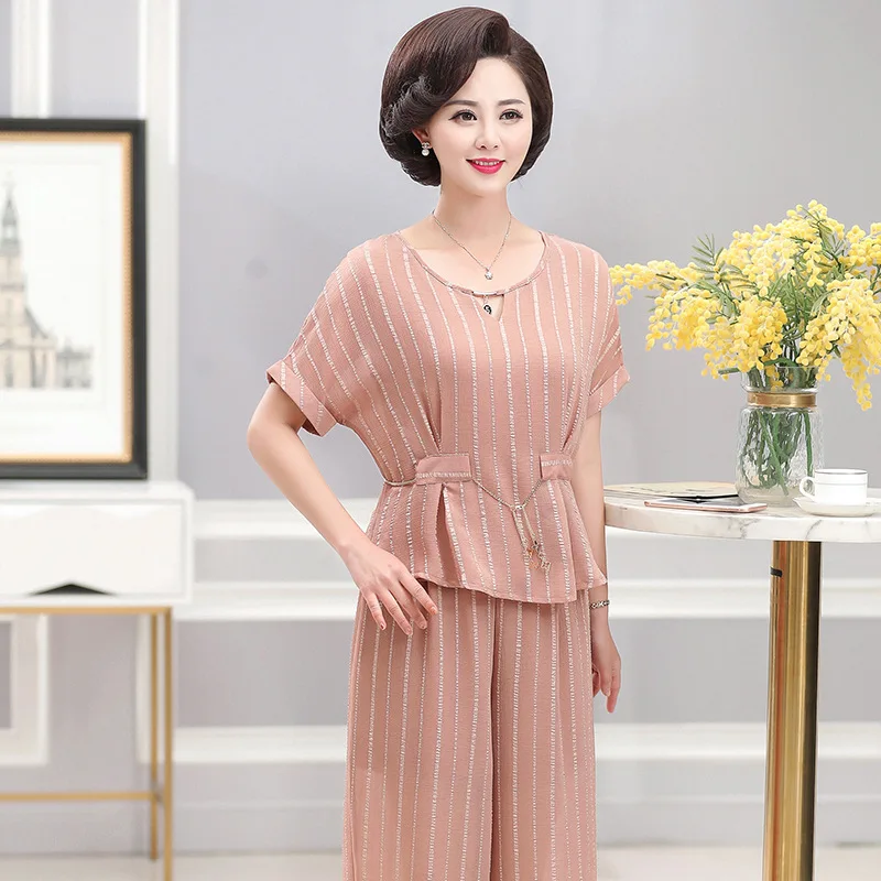 

2019 New Style Middle-aged Mom Summer Wear Trendy Two-Piece Set Middle-aged 45-Year-Old Short-sleeve Coat for Women Set Nobility