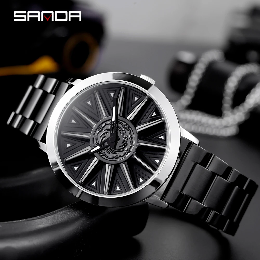 

Reloj Hombre Fashion Cool Black Men Watch Creative Wheel Shape Rotating Dial Steel Band Sports Quartz Movement Gift SANDA