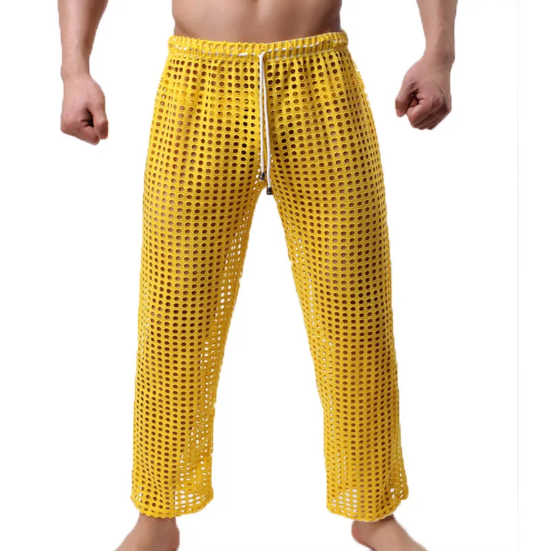Men Pyjamas Trousers Mesh Home Pants Fishnet Transparent Casual Breathable Homewear Lacing Sexy Sleep Bottoms Loose Lounge Pants