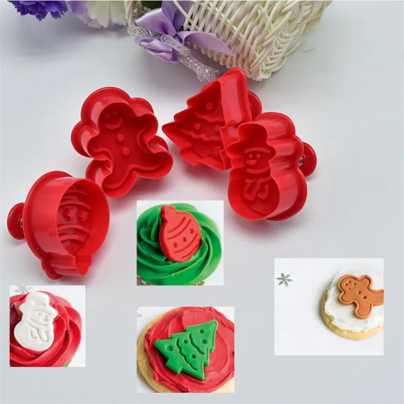 Description Picture 4 of item4Pcs DIY Christmas Tree Snowman Plastic Baking Mold Kitchen Biscuit Cookie Cutter Pastry Plunger Fondant Cake Decorating Tools