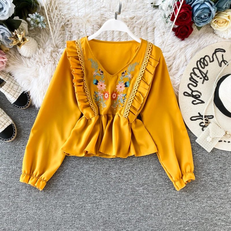  Women's Embroidery V-neck Lantern Sleeve Ruffled Waist Shirt French Design Slim Fit Long Sleeve Wom